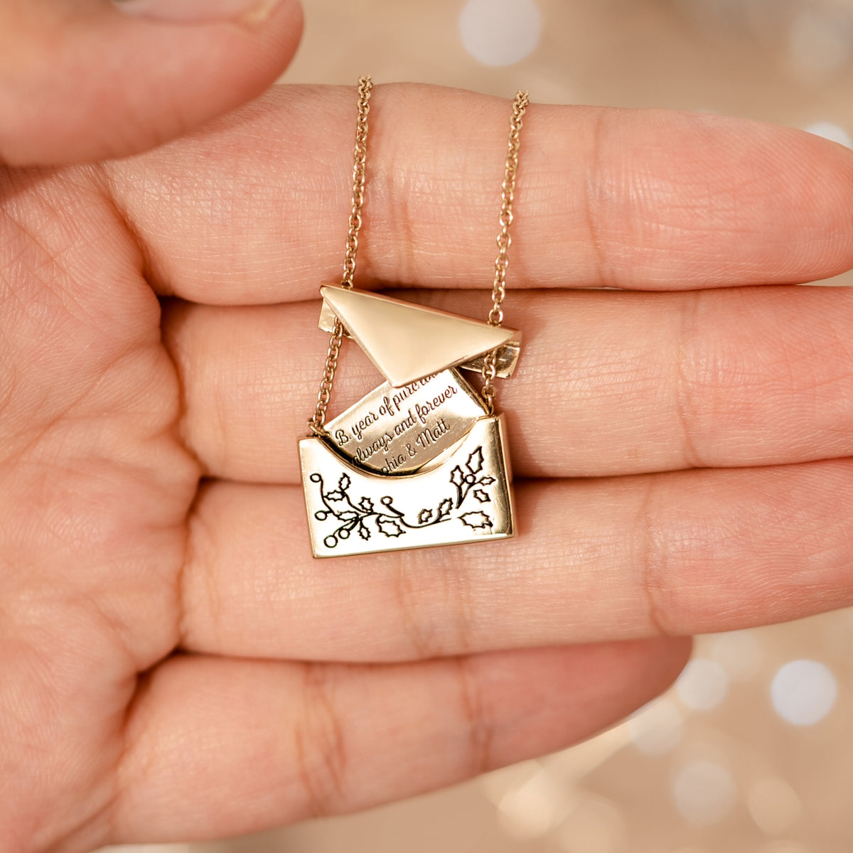 Engraved Envelope Pendant Necklace With Birth Month Flowers